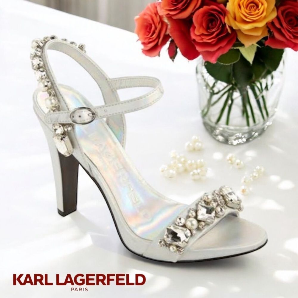 Karl Lagerfeld CLAUDE Silver Crystal Embellished Ankle Strap Heels